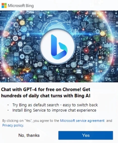 微软狂推自家Bing必应搜索！向Chrome用户推送弹窗宣传